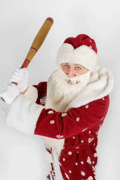 Ünnepek Karácsony Koncepció Mikulás Baseball Ütővel Kezében Fehér Alapon Elszigetelve — Stock Fotó