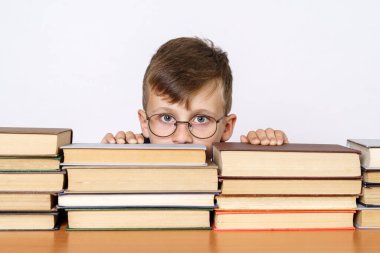 Eğitim konsepti. Öğrenci kitapların arkasından dışarı bakar. Beyaz arkaplanda izole.