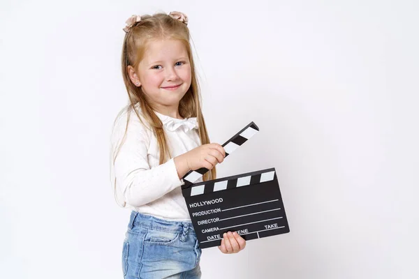 Children Concept Girl Holding Clapperboard Her Hands Isolated White Background — Stock Photo, Image