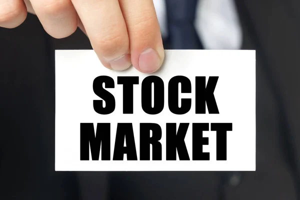 Conceito Negócio Empresário Mostra Cartão Com Texto Stock Market — Fotografia de Stock