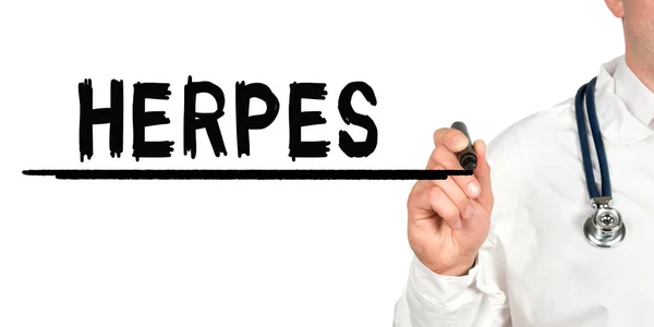 Concepto Medicina Doctor Escribe Palabra Herpes Imagen Una Mano Sosteniendo — Foto de Stock