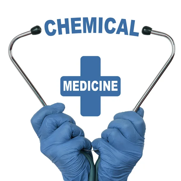 Health Care Medicine Concept Doctor Holding Stethoscope Middle Text Chemical — Stock Photo, Image