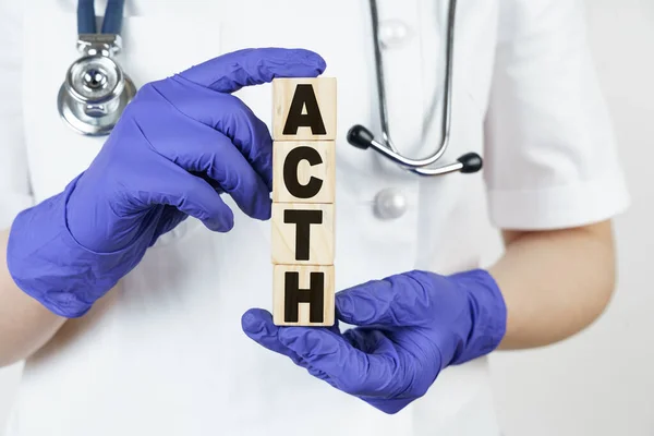 stock image Medicine and health concept. The doctor holds cubes in his hands on which it is written - ACTH. Adrenocorticotropic Hormone