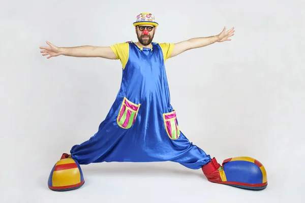 Humor and fun concept. A clown in a bright costume stands with his arms and legs apart.