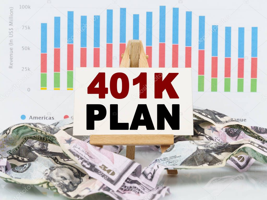 Business and finance concept. Among financial charts and money is a sign with the text - 401K PLAN