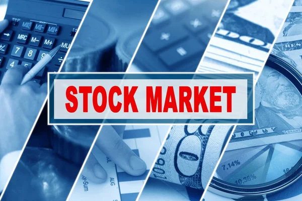Conceito Negócios Finanças Colagem Fotos Tema Negócios Inscrição Meio Stock — Fotografia de Stock