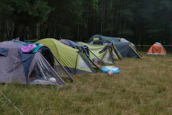 スポーツとレクリエーションの概念 森の中のテントキャンプ 観光テントの眺め — ストック写真