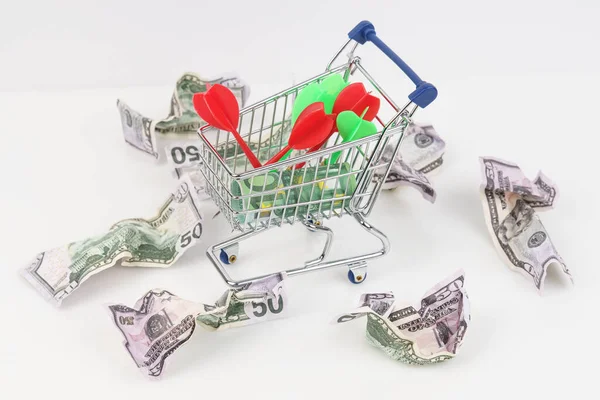 Business Finance Concept Table Crumpled Money Cart Money Darts — Stock Photo, Image