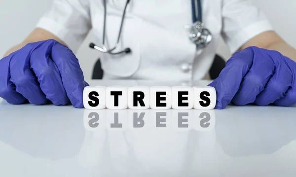 Medicine Health Concept Doctor Put Together Word Cubes Stress — Stock Photo, Image