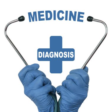 Sağlık ve tıp konsepti. Doktor bir steteskop tutuyor, ortada bir metin var - MEDICINE