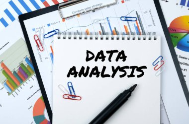 İş ve finans. Masanın üzerinde raporlar, çizelgeler ve üzerinde DATA ANALYSIS yazan bir defter var.