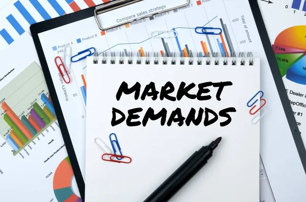 Business and finance. On the table are reports, charts, a notebook with the inscription - MARKET DEMANDS