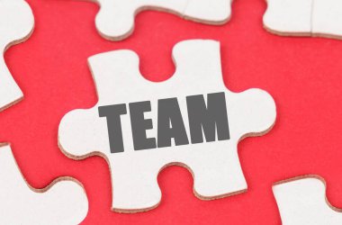 İş ve Ekonomi. Kırmızı arkaplanda, beyaz bulmacalar arasında bir bulmaca yatıyor - Ekip