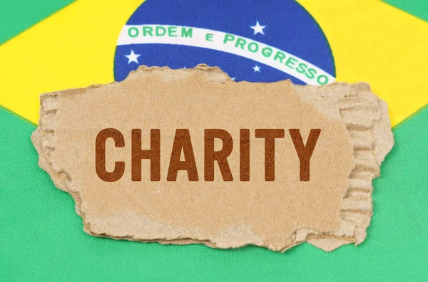 Üzleti Pénzügyi Koncepció Háttérben Brazil Zászló Fekszik Karton Felirattal Jótékonysági — Stock Fotó