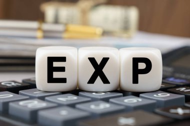 İş ve finans kavramı. Hesap makinesinde EXP yazan küpler var.