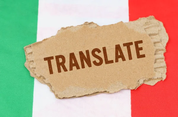 Koncepcja Biznesu Finansów Tle Flagi Włoch Leży Karton Napisem Tłumacz — Zdjęcie stockowe