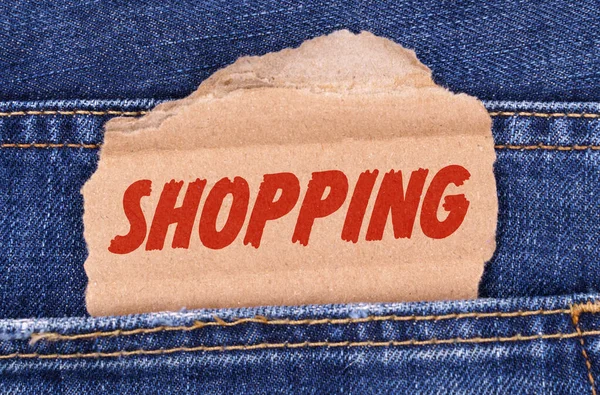 Negócios Finanças Uma Caixa Papelão Com Inscrição Shopping Sai Jeans — Fotografia de Stock