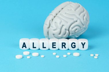 İlaç ve sağlık. Küpler masada, hapların ve beynin taklitlerinin arasında yatıyor. Zar üzerindeki metin - ALLERGY