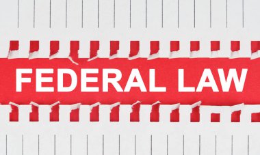 İş ve hukuk kavramı. Kırmızı zemin üzerinde iki sayfa defter arasında Federal Kanun.