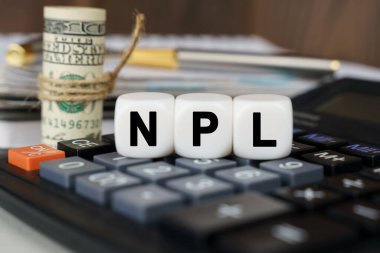 İş ve finans kavramı. Hesap makinesinde NPL yazan küpler var. Yakınlarda odak dışı - dolar, defter ve kalem