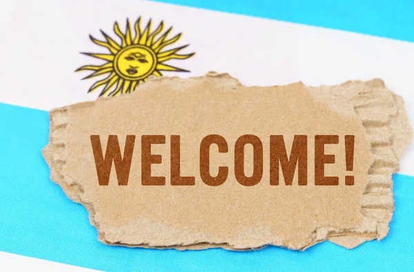 Business Finance Concept Background Flag Argentina Lies Cardboard Inscription Welcome — Stok fotoğraf