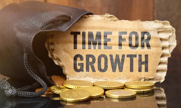 ビジネスと金融の概念 テーブルの上には 碑文と段ボールを突き出すお金の袋があります 成長のための時間 — ストック写真