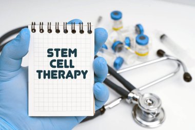 Tıp konsepti. Masanın üzerinde steteskop var, doktor elinde bir defter tutuyor - STEM Hücre Terapisi