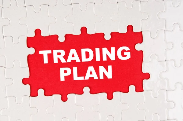 Business Finance Concept Middle Puzzles Red Background Written Trading Plan — Fotografia de Stock