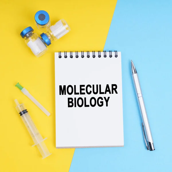 Medicine Health Concept Syringe Ampoules Notebook Inscription Molecular Biology — Photo