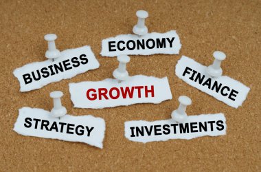 İş konsepti. Masanın üzerinde yazılı kağıtlar var - İş, Ekonomi, Finans ve GROWTH