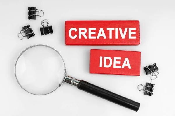 Üzleti Koncepció Fehér Alapon Nagyító Piros Táblák Felirattal Creative Idea — Stock Fotó