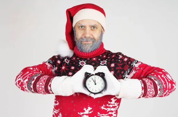 Concept Vacances Noël Père Noël Tient Une Montre Dans Ses — Photo