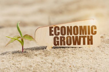 İş konsepti. Filizlerin yanında yazılı bir plaka var. Ekonomik büyüme.