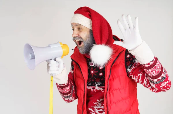 Новий Рік Різдво Санта Клаус Емоційно Розмовляє Через Гучномовець — стокове фото
