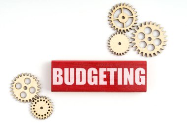 İş konsepti. Beyaz arka planda, yazıtlı vites ve jenga - BUDGETING