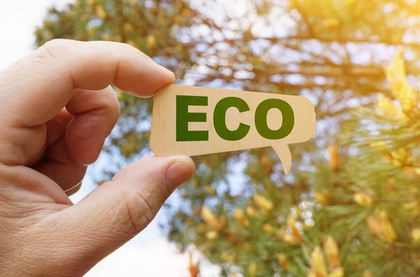 Ecologisch Concept Een Man Heeft Een Teken Waarin Inscriptie Eco — Stockfoto