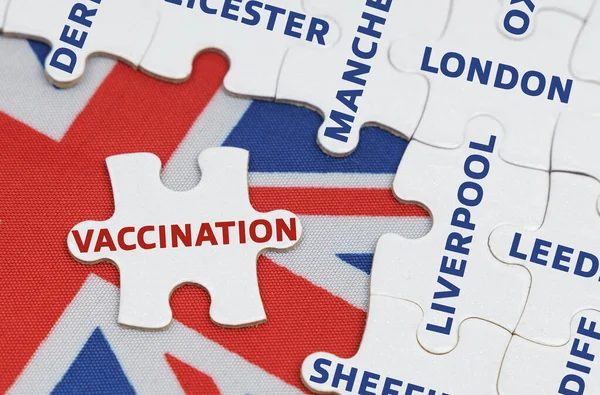 National concept. On the flag of Great Britain there are puzzles with the names of cities and a separate puzzle with the inscription - vaccination