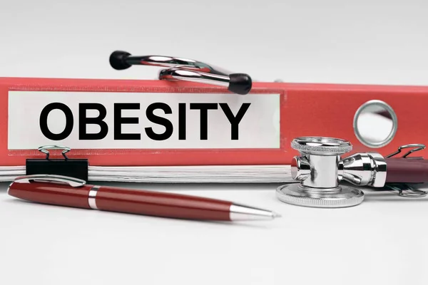 Концепція Медицини Книзі Стетоскоп Тека Написом Obesity — стокове фото