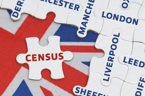 国家概念 英国の国旗には 都市の名前と碑文と別のパズルがあります Census — ストック写真
