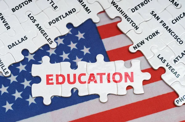 National concept. The USA flag has city name puzzles and puzzles with the inscription - Education