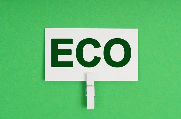 生态概念 在绿色的背景上 一个在衣夹上的名片 名片上写着 Eco — 图库照片
