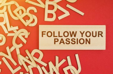 İş ve finans kavramı. Kırmızı arka planda, ahşap harfler ve üzerinde 