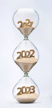 Past, present and future concept. 3 part hourglass. Falling sand taking the shape of years 2021, 2022 and 2023. clipart