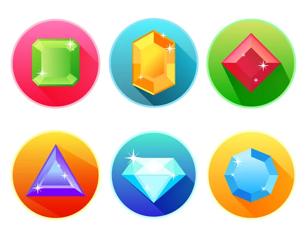 Samling av sex vackra, ljusa, glänsande ikoner juveler i platt-design. — Stock vektor