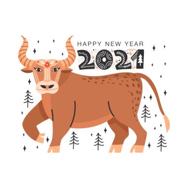 2021 'in sembolü Boğadır. Zarif harflerle ve soyut elementlerle öküz. Mutlu yıllar tebrik kartı. Çin burcunun sembolü. Poster, kart, ambalaj vs. için vektör illüstrasyonu.