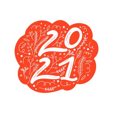 2021 kaligrafi cümlesi. Tebrik kartı, poster, çıkartma vs. için çiçeklerle dolu mutlu noeller ve mutlu yeni yıl mektupları. Vektör illüstrasyonu.