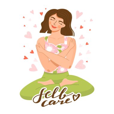 Kendine dikkat et, kendini kabullen, kendini sev ya da vücut pozitifliği kavramı. Yoga nilüferinde oturup kendine sarılan tatlı bir kız. Daha fazla kalbi olan pozitif bir kadın. Beyaz arkaplanda vektör modası çizgi film çizimi. Yazdırma tasarımı.