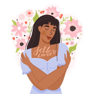 Kendine dikkat et, kendini kabullen, kendini sev ya da vücut pozitifliği kavramı. Sevimli kız ellerini çapraz yapıp kendine sarılıyor. Çiçek kompozisyonu olan pozitif bir kadın. Beyaz arkaplanda vektör modası çizgi film çizimi. Yazdırma tasarımı.