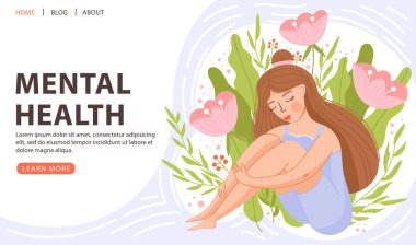 Zihinsel sağlık, olumlu zihniyet ya da kişisel bakım konsepti. Şirin kız oturuyor ve dizlerine sarılıyor. Çiçekli elementleri olan pozitif bir kadın. İniş sayfası şablonu. Vektör.