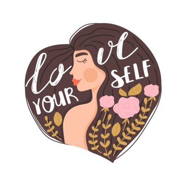 Kendine dikkat et, kendini sev. Çiçekli elementleri ve harf cümlesi olan tatlı bir kız. Kalp şeklinde kompozisyon. Beyaz arkaplanda vektör modayı çizimi. Yazdırma tasarımı.
